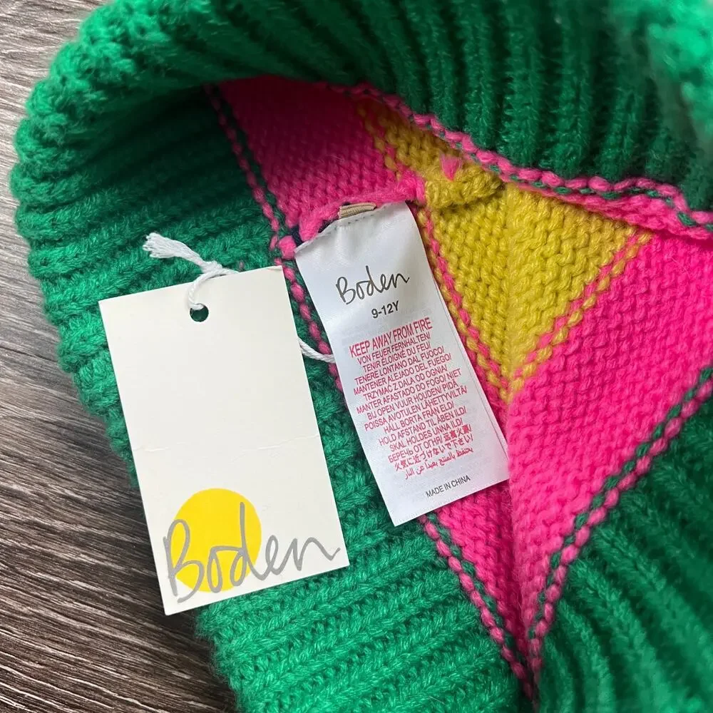 NWT Boden Kids Colorful Striped Beanie Pink Pom-Pom 9-12Y Kidcore Rainbowcore